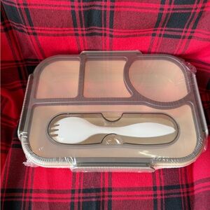 Compartmental Bento Lunch Box with Built-in Spork - Beige & Gray